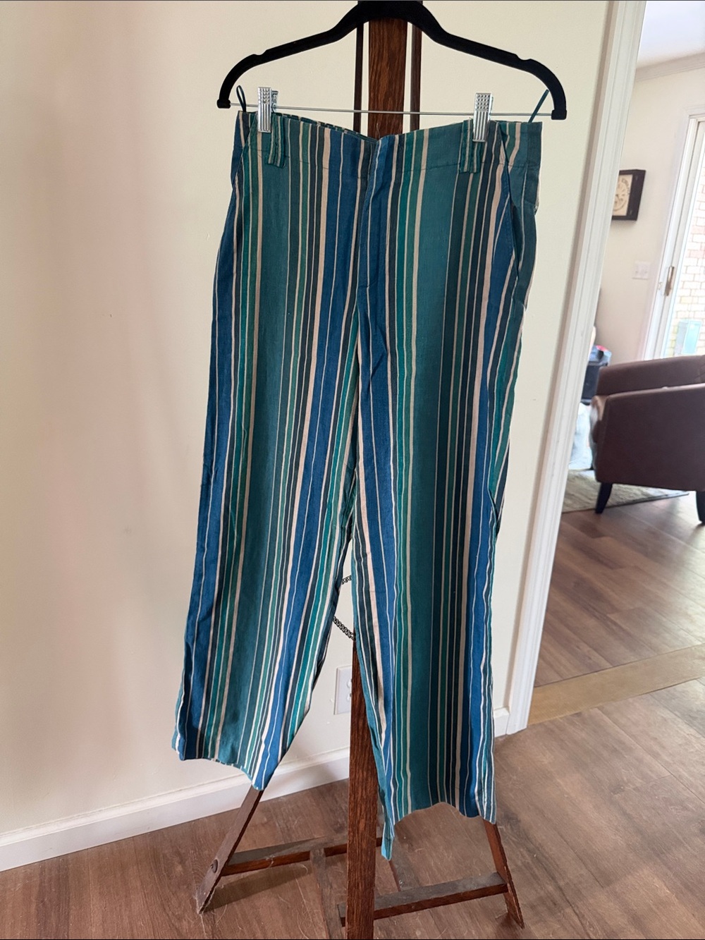 Zara Teal and Blue Vertical Stripe Wide-Leg Pants